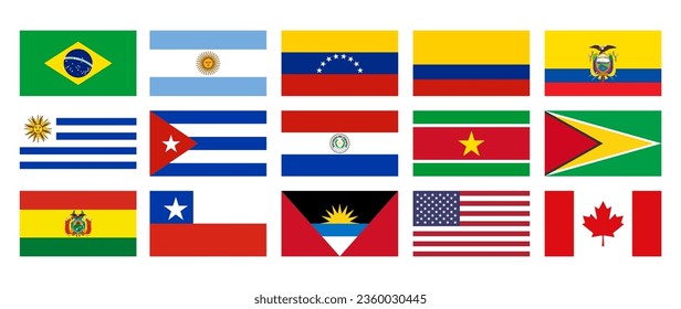 National Flags of the Americas, Brazil, Argentina, Colombia, Ecuador, Venezuela, Uruguay, Cuba, Paraguay, Suriname, Guyana, Bolivia, Chile, Antigua and Barbuda, United States, Canada