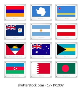National Flags of Armenia, Antarctica, Aruba, Anguilla, Argentina, Austria, Antigua and Barbuda, Australia, Bahamas, Azerbaijan, Bahrain and Bangladesh on Metal Texture Plates with Screws. 