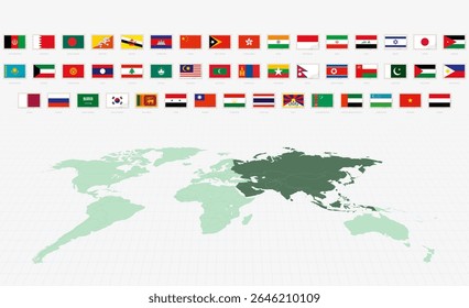 Bandeiras nacionais dos países asiáticos, conjunto de bandeiras postais. Bandeiras asiáticas com mapa mundial. Ilustração de vetor.