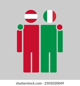 The national flags of Austria and Italy with embracing body. Isolated vector illustration, gray background.