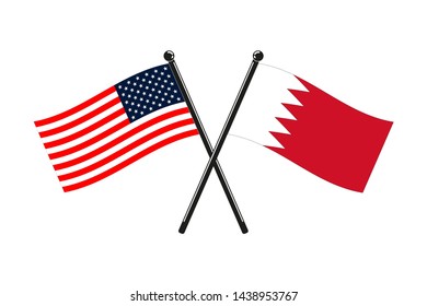 national flags of Bahrain and Usa crossed on the sticks in the original colours