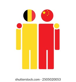 Las banderas nacionales de Bélgica y China con cuerpo abrazador. Ilustración vectorial aislada, fondo blanco.