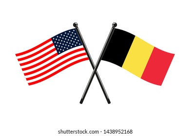 national flags of Belgium and Usa crossed on the sticks in the original colours