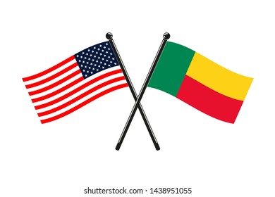 national flags of Benin and Usa crossed on the sticks in the original colours