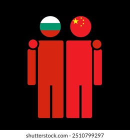 The national flags of Bulgaria and China with embracing body. Isolated vector illustration.