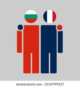 The national flags of Bulgaria and France with embracing body. Isolated vector illustration.