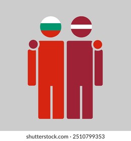 The national flags of Bulgaria and Latvia with embracing body. Isolated vector illustration.