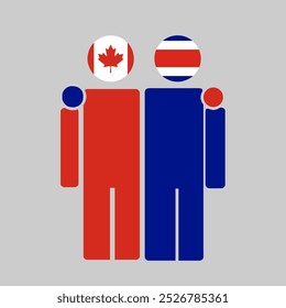 Las banderas nacionales de Canadá y Costa Rica con cuerpo abrazador. Ilustración vectorial aislada.