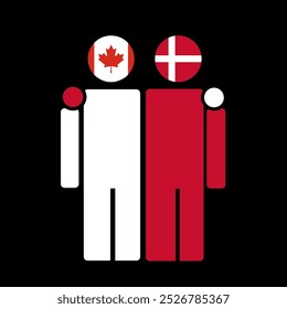 The national flags of Canada and Denmark with embracing body. Isolated vector illustration.