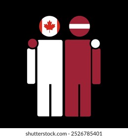 The national flags of Canada and Latvia with embracing body. Isolated vector illustration.