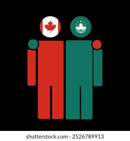 The national flags of Canada and Macau China with embracing body. Isolated vector illustration.