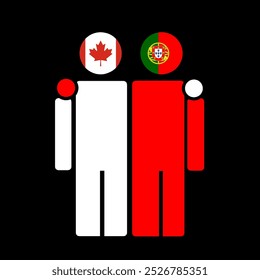 The national flags of Canada and Portugal with embracing body. Isolated vector illustration.