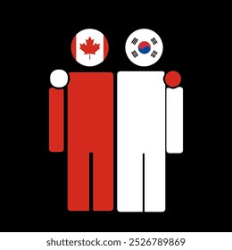 The national flags of Canada and South Korea with embracing body. Isolated vector illustration.