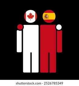 The national flags of Canada and Spain with embracing body. Isolated vector illustration.