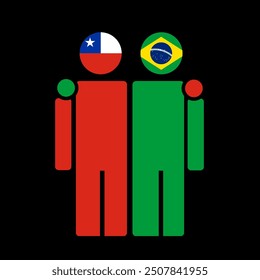 The national flags of Chile and Brazil with embracing body. Isolated vector illustration.