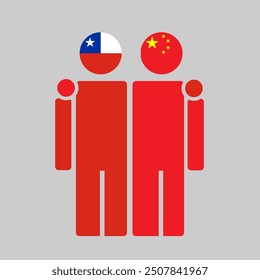 The national flags of Chile and China with embracing body. Isolated vector illustration.