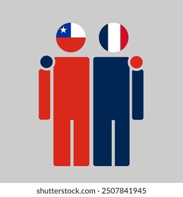 The national flags of Chile and France with embracing body. Isolated vector illustration.