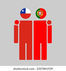 The national flags of Chile and Portugal with embracing body. Isolated vector illustration.