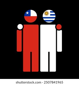 The national flags of Chile and Uruguay with embracing body. Isolated vector illustration.