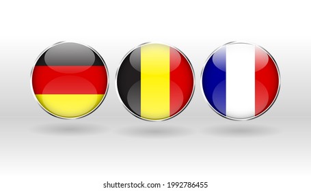 National flags circle button set with Germany, Belgium, France Simple flag, official colors and proportion correctly. Flat vector illustration.