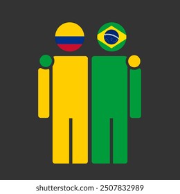The national flags of Colombia and Brazil with embracing body. Isolated vector illustration.