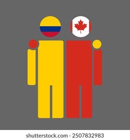 The national flags of Colombia and Canada with embracing body. Isolated vector illustration.