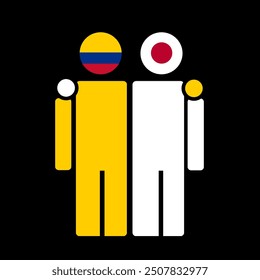 The national flags of Colombia and Japan with embracing body. Isolated vector illustration.