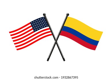 national flags of Colombia and Usa crossed on the sticks in the original colours