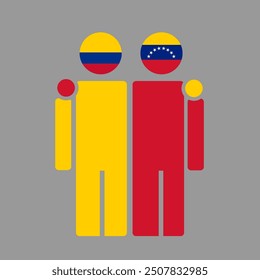 The national flags of Colombia and Venezuela with embracing body. Isolated vector illustration.