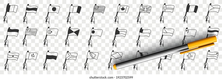 National Flags of countries doodle set