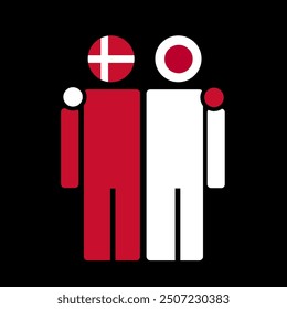 The national flags of Denmark and Japan with embracing body. Isolated vector illustration, black background.