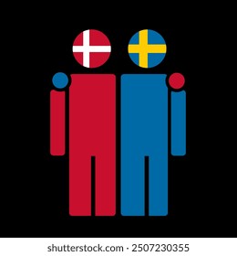 The national flags of Denmark and Sweden with embracing body. Isolated vector illustration, black background.