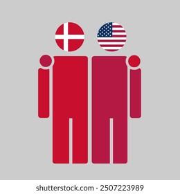 The national flags of Denmark and USA with embracing body. Isolated vector illustration, gray background.