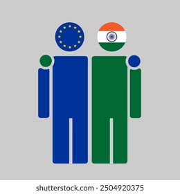 The national flags of EU and India with embracing body. Isolated vector illustration, gray background.