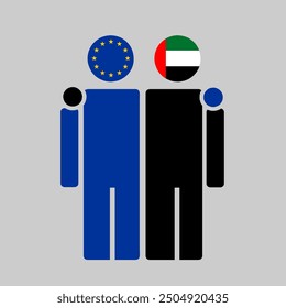 The national flags of EU and Kuwait with embracing body. Isolated vector illustration, gray background.