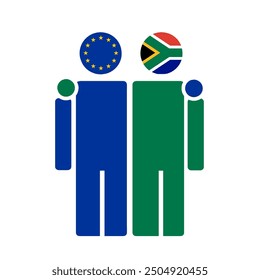 The national flags of EU and South Africa with embracing body. Isolated vector illustration, white background.