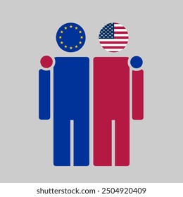 The national flags of EU and USA with embracing body. Isolated vector illustration, gray background.