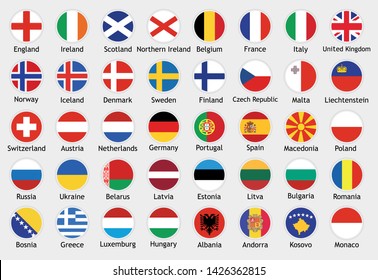 National flags of european countries with captions. Set of vector icons illustration for national events, travel and holidays.