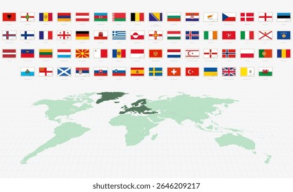 National Flags of the European countries, Postage Flag Set. European Flags with World Map. Vetor illustration.