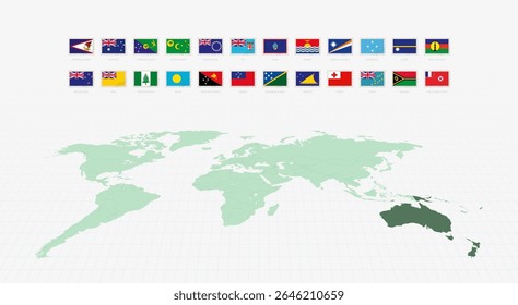 Bandeiras nacionais dos países europeus, conjunto de bandeiras postais. Bandeiras europeias com mapa mundial. Ilustração de vetor.