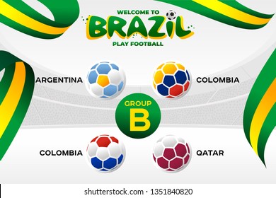 National flags in the form of soccer balls. Group tournament of the American Football Championship in Brazil. CONMEBOL Copa America 2019. Broadcast template. Football Championship 2019.