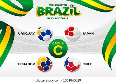 Banderas nacionales en forma de pelotas de fútbol. Torneo grupal del Campeonato Americano de Fútbol en Brasil. CONMEBOL Copa América 2019. Plantilla de difusión. Campeonato de Fútbol 2019.