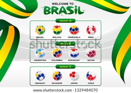 National flags in the form of soccer balls. Group tournament of the American Football Championship in Brazil. CONMEBOL Copa America 2019. Broadcast template. Football Championship 2019.