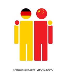 The national flags of Germany and China with embracing body. Isolated vector illustration, white background.