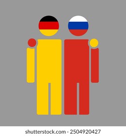 The national flags of Germany and Russia with embracing body. Isolated vector illustration, gray background.