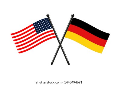 National flags of Germany and Usa crossed on the sticks isolated in the original size and proportions