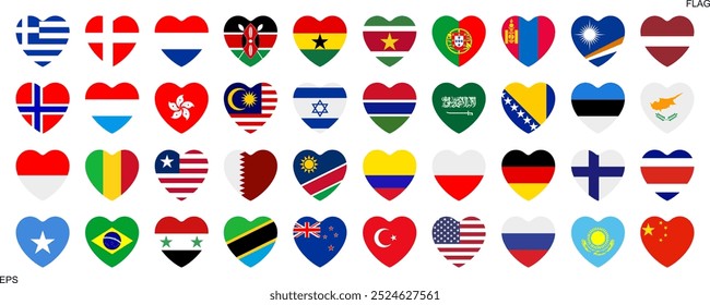 National flags in heart shape. National flags set. World flags