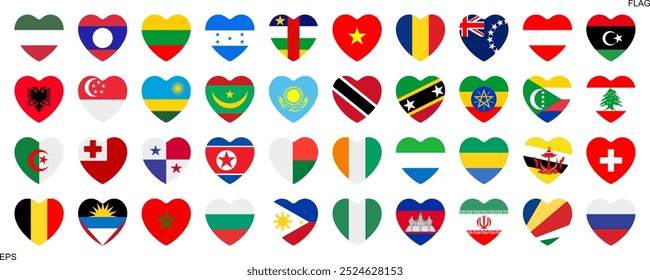 National flags in heart shape. National flags set. World flags