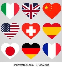 National flags hearts