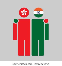 The national flags of Hong Kong and India with embracing body. Isolated vector illustration, gray background.